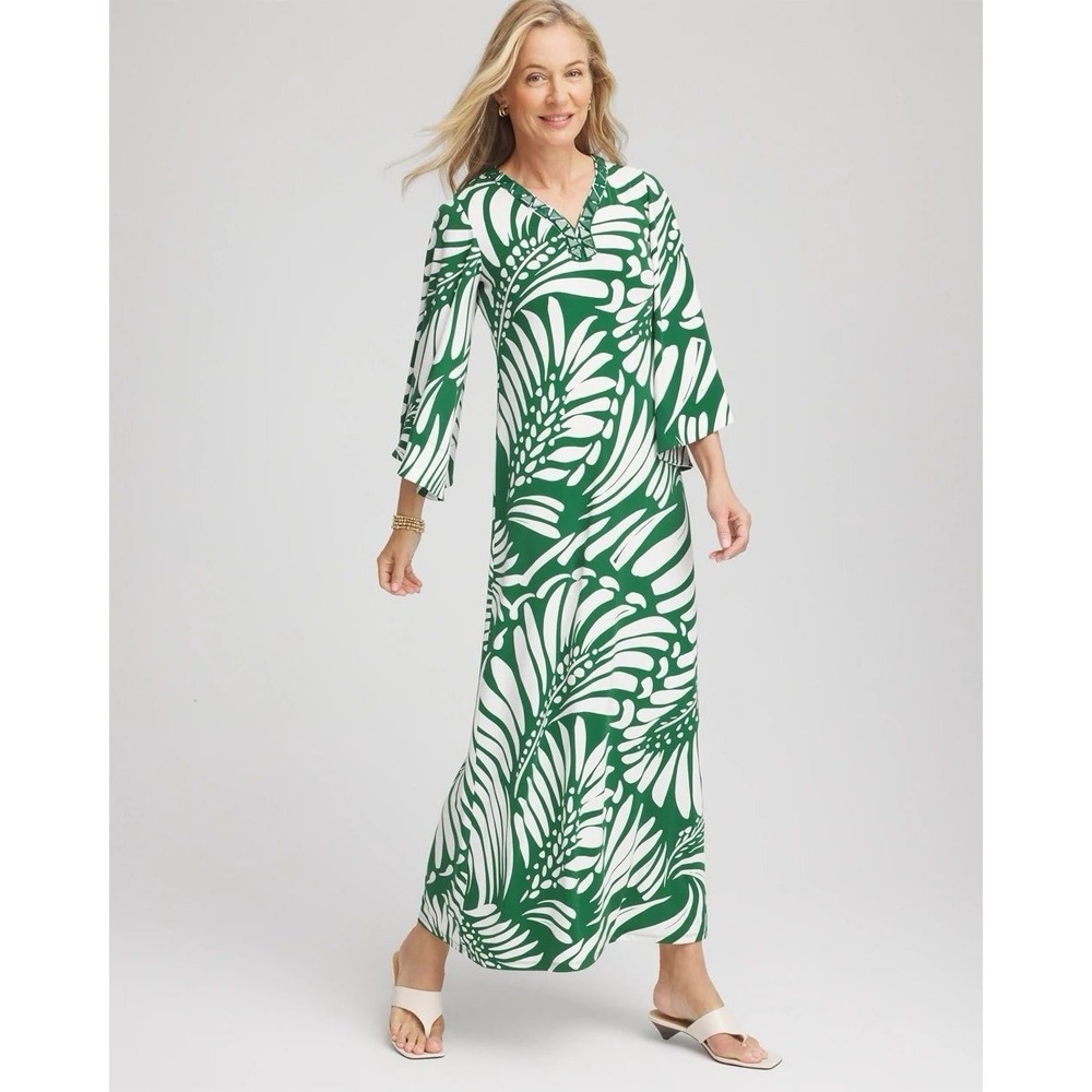 Chico's Palm-Front-Motif Beaded Knit Maxi Dress Size 1